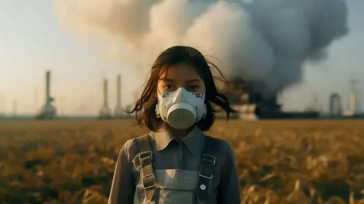 Seorang anak memakai masker dengan latar belakang pabrik yang mengeluarkan asap tebal, menggambarkan hubungan antara polusi industri dan ancaman penyakit dari perubahan iklim.