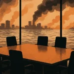 Ilustrasi corporate capture iklim dengan ruang rapat yang dikuasai siluet korporasi