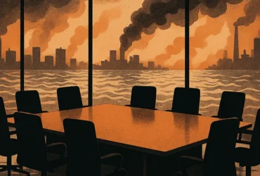 Ilustrasi corporate capture iklim dengan ruang rapat yang dikuasai siluet korporasi