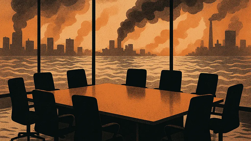 Ilustrasi corporate capture iklim dengan ruang rapat yang dikuasai siluet korporasi