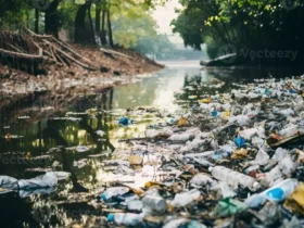 Tumpukan sampah plastik mencemari sungai di kawasan perkotaan, menggambarkan krisis sampah Indonesia dan keterbatasan tempat pembuangan akhir.