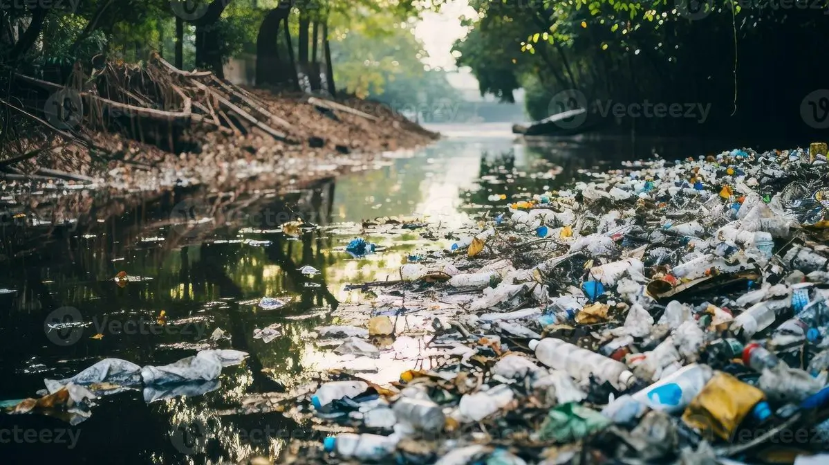 Tumpukan sampah plastik mencemari sungai di kawasan perkotaan, menggambarkan krisis sampah Indonesia dan keterbatasan tempat pembuangan akhir.