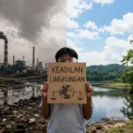 Ilustrasi realistis tentang Keadilan Lingkungan yang memperlihatkan kontras antara kawasan industri berpolusi dan lingkungan hijau sebagai simbol ketimpangan dampak perubahan iklim.