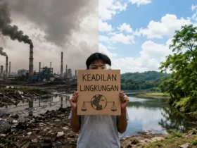 Ilustrasi realistis tentang Keadilan Lingkungan yang memperlihatkan kontras antara kawasan industri berpolusi dan lingkungan hijau sebagai simbol ketimpangan dampak perubahan iklim.