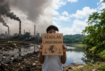 Ilustrasi realistis tentang Keadilan Lingkungan yang memperlihatkan kontras antara kawasan industri berpolusi dan lingkungan hijau sebagai simbol ketimpangan dampak perubahan iklim.