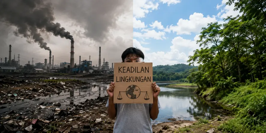 Ilustrasi realistis tentang Keadilan Lingkungan yang memperlihatkan kontras antara kawasan industri berpolusi dan lingkungan hijau sebagai simbol ketimpangan dampak perubahan iklim.