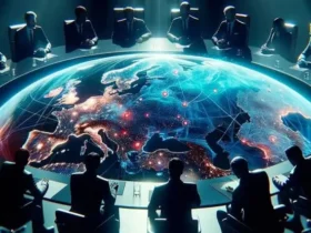 Bumi berada di tengah meja rapat keamanan iklim global modern dengan suasana serius dan formal.