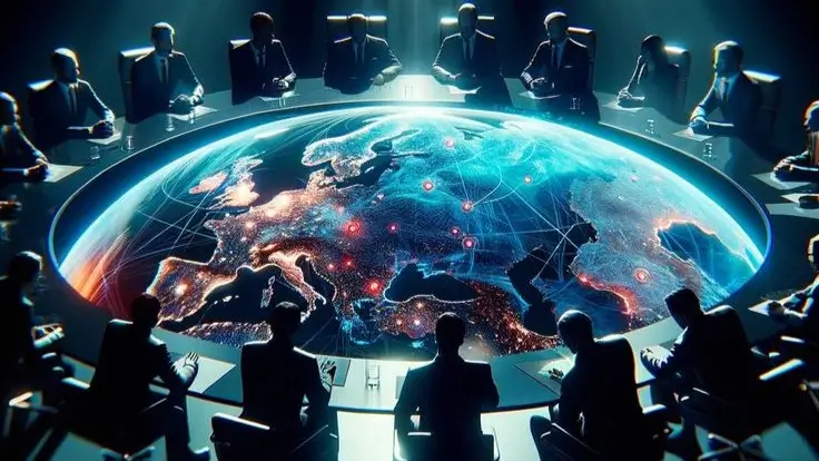 Bumi berada di tengah meja rapat keamanan iklim global modern dengan suasana serius dan formal.