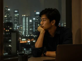 Seorang anak muda memandang kota dari jendela sambil memikirkan masa depan yang penuh ketidakpastian.