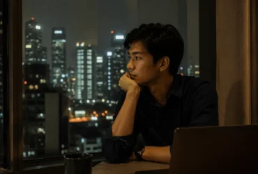 Seorang anak muda memandang kota dari jendela sambil memikirkan masa depan yang penuh ketidakpastian.