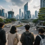 Masa Depan yang Tidak Kita Pilih digambarkan melalui anak muda yang berdiri di tengah persimpangan kota modern.