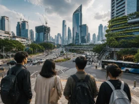 Masa Depan yang Tidak Kita Pilih digambarkan melalui anak muda yang berdiri di tengah persimpangan kota modern.