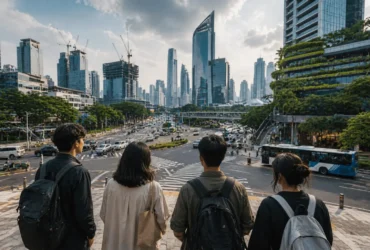Masa Depan yang Tidak Kita Pilih digambarkan melalui anak muda yang berdiri di tengah persimpangan kota modern.