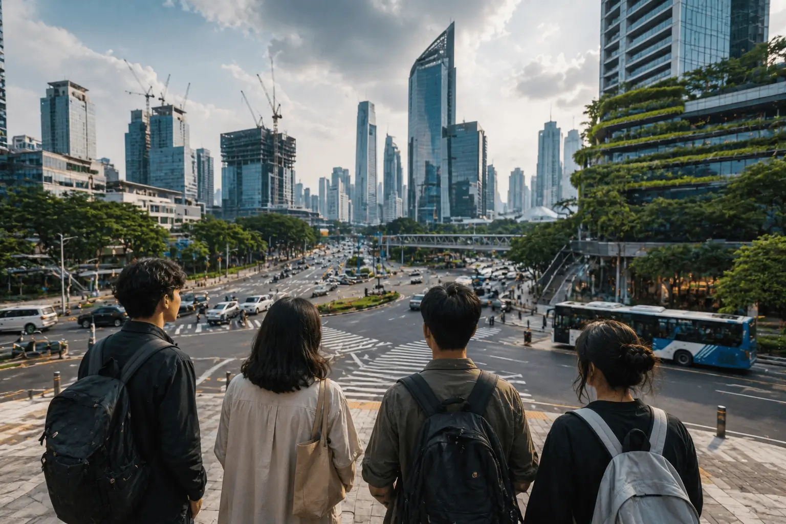 Masa Depan yang Tidak Kita Pilih digambarkan melalui anak muda yang berdiri di tengah persimpangan kota modern.