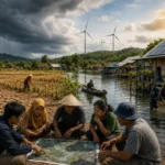 Ilustrasi adaptasi perubahan iklim yang menunjukkan masyarakat merencanakan solusi lokal untuk menghadapi banjir, kekeringan, dan kenaikan muka air laut.