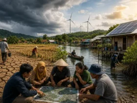 Ilustrasi adaptasi perubahan iklim yang menunjukkan masyarakat merencanakan solusi lokal untuk menghadapi banjir kekeringan dan kenaikan muka air laut
