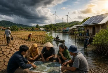 Ilustrasi adaptasi perubahan iklim yang menunjukkan masyarakat merencanakan solusi lokal untuk menghadapi banjir, kekeringan, dan kenaikan muka air laut.