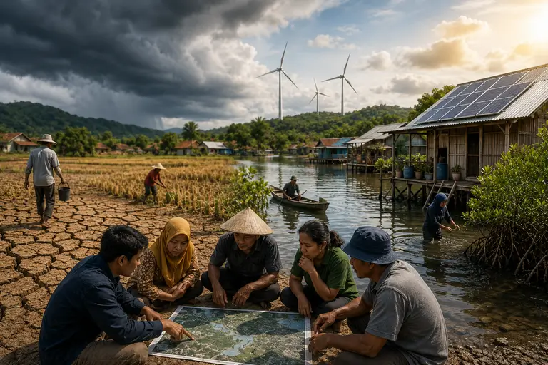 Ilustrasi adaptasi perubahan iklim yang menunjukkan masyarakat merencanakan solusi lokal untuk menghadapi banjir, kekeringan, dan kenaikan muka air laut.