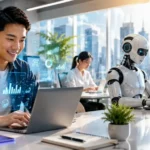 Seorang profesional bekerja berdampingan dengan robot AI di kantor modern futuristik, menggambarkan bagaimana AI tidak mengambil pekerjaan tetapi mengubah cara manusia bekerja.