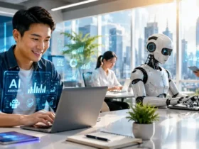 Seorang profesional bekerja berdampingan dengan robot AI di kantor modern futuristik, menggambarkan bagaimana AI tidak mengambil pekerjaan tetapi mengubah cara manusia bekerja.