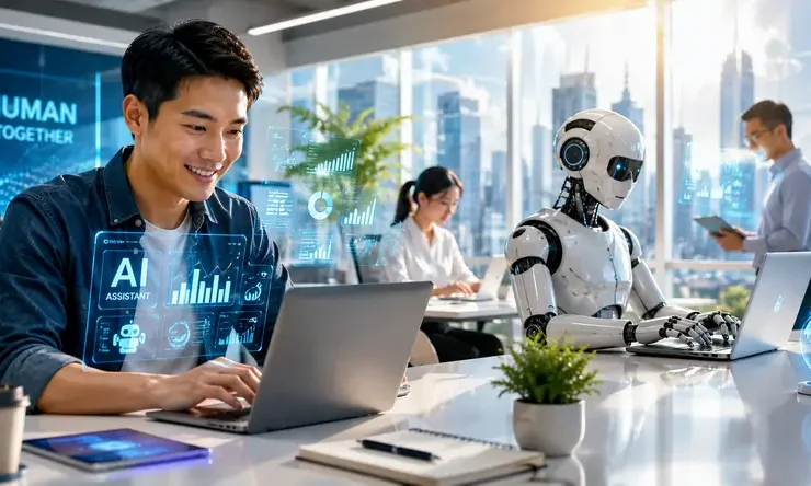 Seorang profesional bekerja berdampingan dengan robot AI di kantor modern futuristik, menggambarkan bagaimana AI tidak mengambil pekerjaan tetapi mengubah cara manusia bekerja.