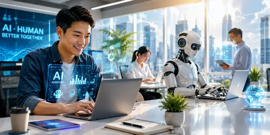 Seorang profesional bekerja berdampingan dengan robot AI di kantor modern futuristik, menggambarkan bagaimana AI tidak mengambil pekerjaan tetapi mengubah cara manusia bekerja.