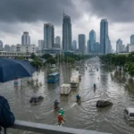 Pemandangan banjir Jakarta yang menggenangi jalan utama dengan latar gedung-gedung tinggi, menggambarkan dampak perubahan iklim, hujan ekstrem, dan buruknya tata ruang perkotaan.