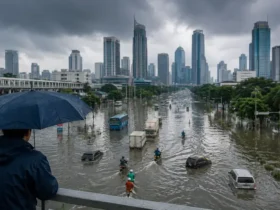 Pemandangan banjir Jakarta yang menggenangi jalan utama dengan latar gedung gedung tinggi menggambarkan dampak perubahan iklim hujan ekstrem dan buruknya tata ruang perkotaan