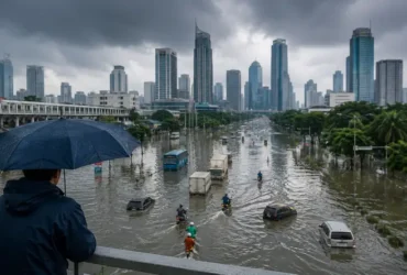 Pemandangan banjir Jakarta yang menggenangi jalan utama dengan latar gedung gedung tinggi menggambarkan dampak perubahan iklim hujan ekstrem dan buruknya tata ruang perkotaan