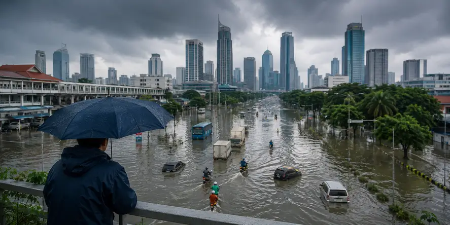 Pemandangan banjir Jakarta yang menggenangi jalan utama dengan latar gedung-gedung tinggi, menggambarkan dampak perubahan iklim, hujan ekstrem, dan buruknya tata ruang perkotaan.