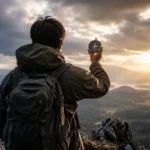 Seseorang berdiri di puncak gunung sambil memegang kompas, melambangkan Doktrin Perjuangan Dunia Yang Berubah yang berlandaskan pengetahuan, arah, dan keberanian menghadapi perubahan.