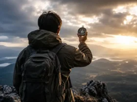 Seseorang berdiri di puncak gunung sambil memegang kompas, melambangkan Doktrin Perjuangan Dunia Yang Berubah yang berlandaskan pengetahuan, arah, dan keberanian menghadapi perubahan.