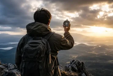 Seseorang berdiri di puncak gunung sambil memegang kompas, melambangkan Doktrin Perjuangan Dunia Yang Berubah yang berlandaskan pengetahuan, arah, dan keberanian menghadapi perubahan.