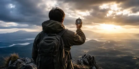 Seseorang berdiri di puncak gunung sambil memegang kompas, melambangkan Doktrin Perjuangan Dunia Yang Berubah yang berlandaskan pengetahuan, arah, dan keberanian menghadapi perubahan.