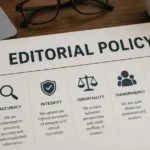 Dokumen Editorial Policy di atas meja kerja yang melambangkan komitmen Dunia Yang Berubah terhadap akurasi, integritas, transparansi, dan standar editorial.