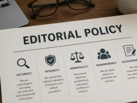 Dokumen Editorial Policy di atas meja kerja yang melambangkan komitmen Dunia Yang Berubah terhadap akurasi, integritas, transparansi, dan standar editorial.