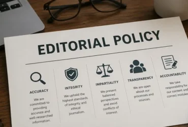 Dokumen Editorial Policy di atas meja kerja yang melambangkan komitmen Dunia Yang Berubah terhadap akurasi, integritas, transparansi, dan standar editorial.