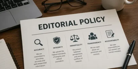 Dokumen Editorial Policy di atas meja kerja yang melambangkan komitmen Dunia Yang Berubah terhadap akurasi, integritas, transparansi, dan standar editorial.