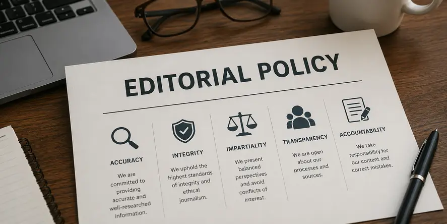 Dokumen Editorial Policy di atas meja kerja yang melambangkan komitmen Dunia Yang Berubah terhadap akurasi, integritas, transparansi, dan standar editorial.