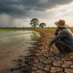 Petani mengamati lahan pertanian yang mengalami kekeringan dan banjir sebagai dampak gagal panen akibat perubahan iklim di Indonesia.