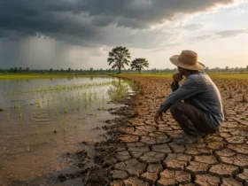 Petani mengamati lahan pertanian yang mengalami kekeringan dan banjir sebagai dampak gagal panen akibat perubahan iklim di Indonesia.