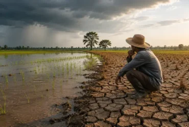 Petani mengamati lahan pertanian yang mengalami kekeringan dan banjir sebagai dampak gagal panen akibat perubahan iklim di Indonesia.