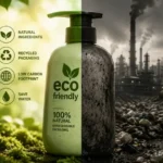 Ilustrasi Green Marketing yang memperlihatkan kontras antara klaim ramah lingkungan pada produk dengan dampak pencemaran industri di balik proses produksinya.