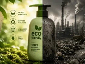 Ilustrasi Green Marketing yang memperlihatkan kontras antara klaim ramah lingkungan pada produk dengan dampak pencemaran industri di balik proses produksinya.