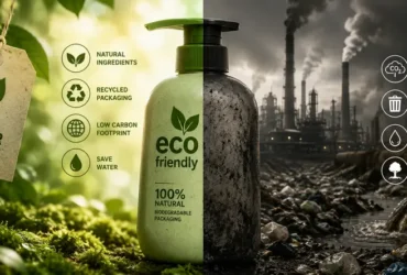 Ilustrasi Green Marketing yang memperlihatkan kontras antara klaim ramah lingkungan pada produk dengan dampak pencemaran industri di balik proses produksinya.