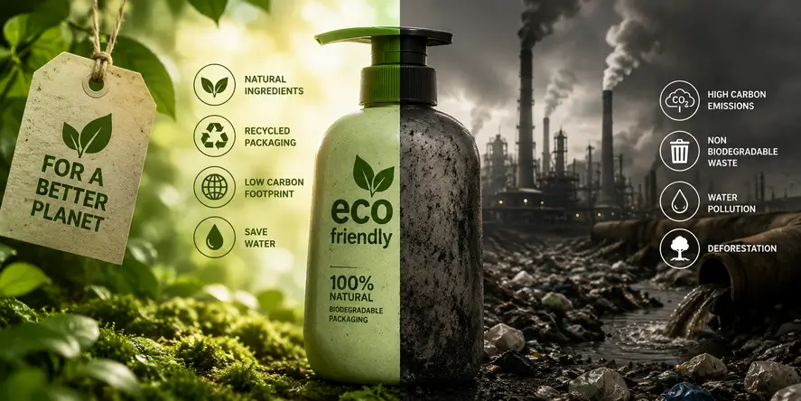 Ilustrasi Green Marketing yang memperlihatkan kontras antara klaim ramah lingkungan pada produk dengan dampak pencemaran industri di balik proses produksinya.