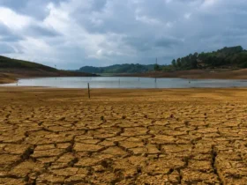 Tanah retak akibat kekeringan Indonesia dengan waduk yang menyusut di tengah musim kemarau sebagai dampak perubahan iklim dan krisis air.