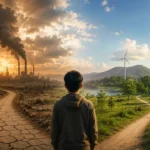 Seorang anak muda berdiri di persimpangan antara lanskap yang rusak akibat perubahan iklim dan lingkungan hijau berkelanjutan, melambangkan pilihan masa depan yang diwariskan kepada generasi berikutnya.