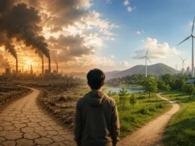 Seorang anak muda berdiri di persimpangan antara lanskap yang rusak akibat perubahan iklim dan lingkungan hijau berkelanjutan, melambangkan pilihan masa depan yang diwariskan kepada generasi berikutnya.