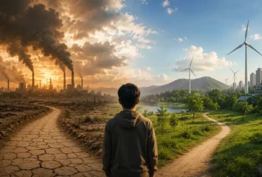 Seorang anak muda berdiri di persimpangan antara lanskap yang rusak akibat perubahan iklim dan lingkungan hijau berkelanjutan melambangkan pilihan masa depan yang diwariskan kepada generasi berikutnya